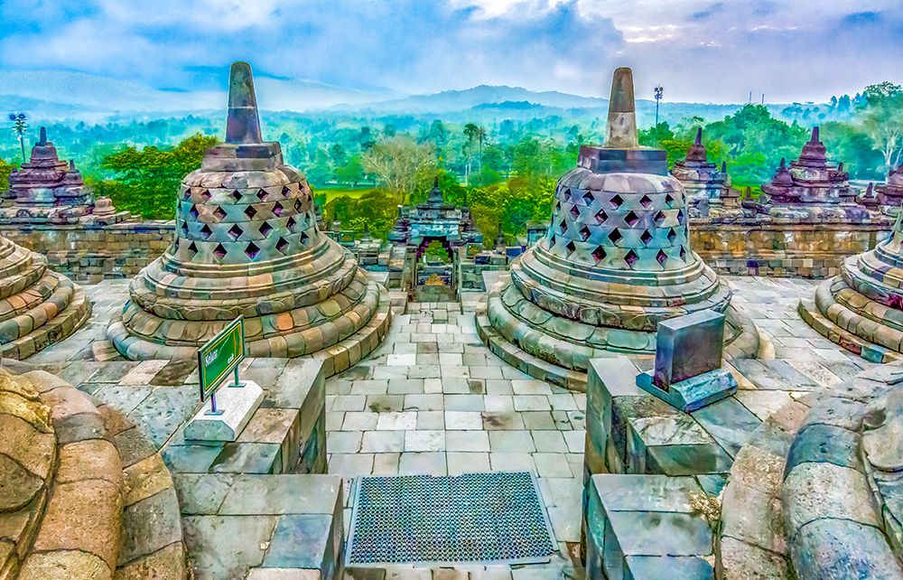 Java, Indonesia. 8th century Borobudur Temple, the largest Buddhist Temple in the world.